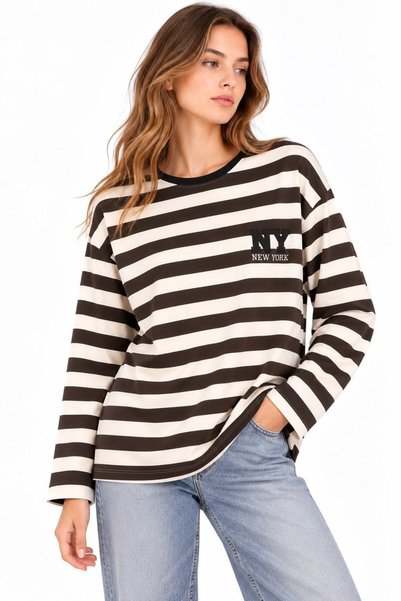 WeShaya Brown Striped Printed Sweatshirt, Oversized, Viscose, Rib Knit, Knit