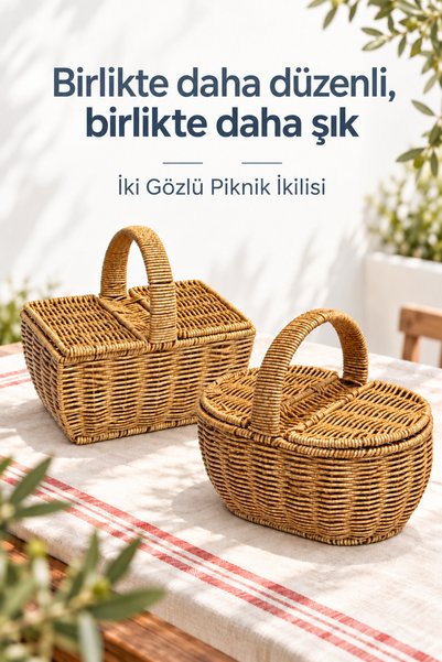 Rosie Kare ve Oval 2 Gözlü Hasır Detaylı Piknik Servis Sepeti Seti