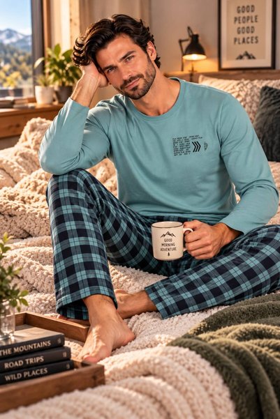 VİENETTA Men's Mint Pajamas, Long Sleeve Sports Print Top, Checkered Long Pan...