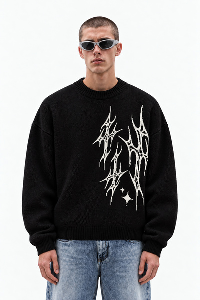 TWILIT Yıldırım Detaylı Oversize Triko Kazak Erkek Sweatshirt - Siyah