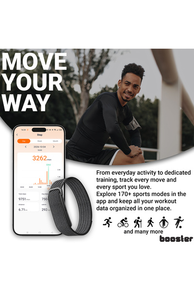 Booster Electronics Brățară inteligentă Booster Pulse, Fără ecran, Puls, SpO₂, Somn, Pași, calorii, 170+ moduri sport, Autonomie 20–30 zile, Bluetooth 5.2, Android/iOS, QWatch Pro, Curea nylon, Încărcare magnetică, 1 ATM