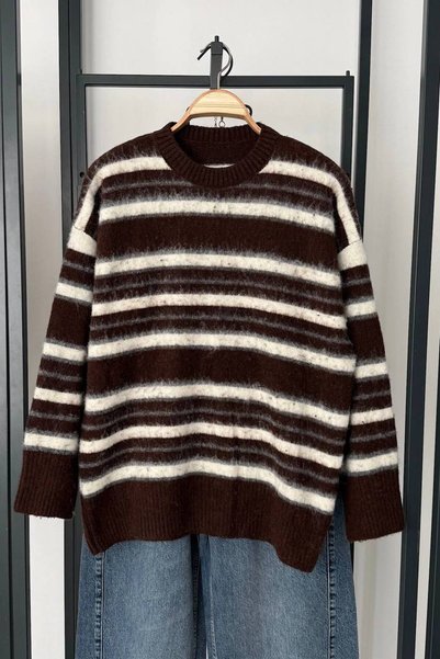 ZF BUTİK Pulover oversize din tricot moale pentru femei, cu decolteu rotund la baza gâtului și blană