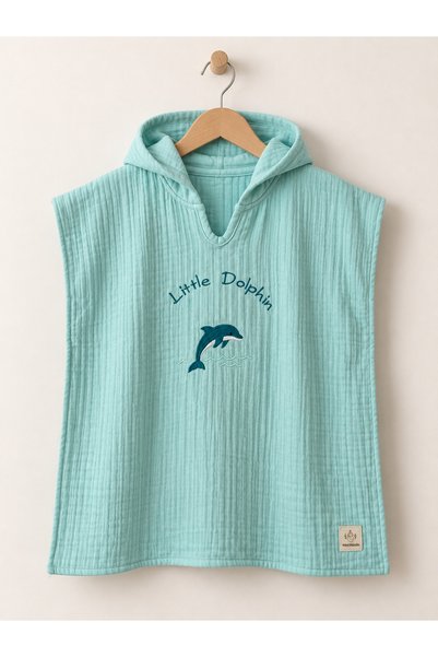MiniMüslin 4-Layer Muslin Hooded Children's Poncho - Embroidered with Dolphin...