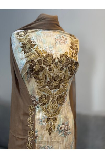LAVEN Emirati Soft Silk Khimar Fabric with Heavy Embroidery on Chest and Slee...