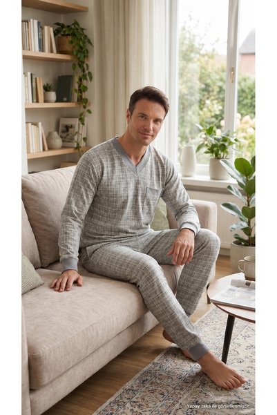 Generic Brand ÖzSurgun Men's Checked Flannel Pajama Set with V-Neck, Pockets,...