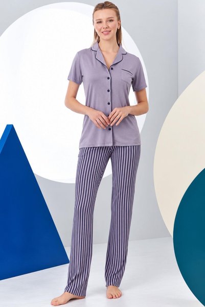 gd goldoremi Kadın Premium Çizgili Önden Düğmeli Gömlek Yaka Yumuşak Kısa Kollu Pijama Takım