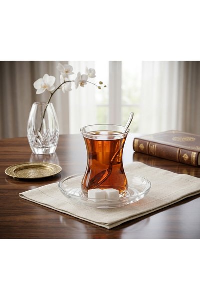Paşabahçe Turkish Tea Set 18 Pieces – 6 Glass Glasses 160 ml, 6 Saucers and 6...