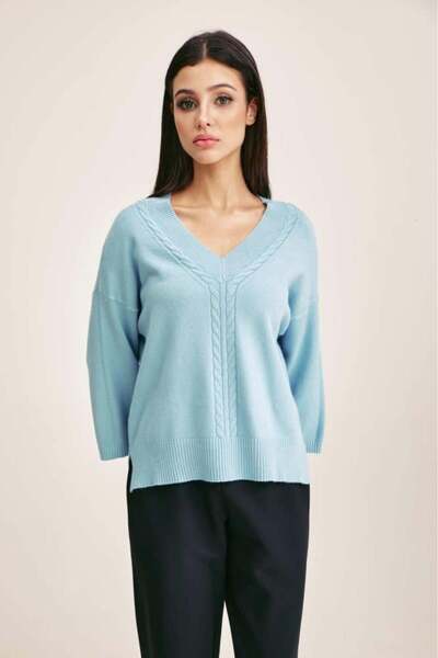 Tenda Loose V-Neck Knit Top with Drop Sleeves Light Blue