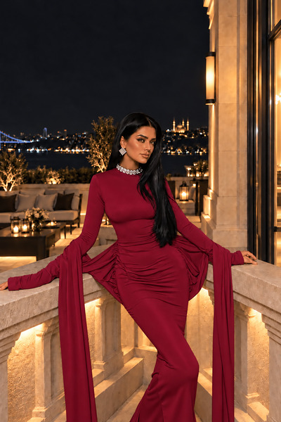 Deafox Bordo Uzun Kollu Boğazlı Tasarımlı Maxi Boy Sandy Kumaş Elbise