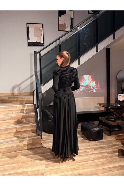 FLOWERİNG Kadın Siyah Drapeli Kaplama Düğmeli Maxi Elbise