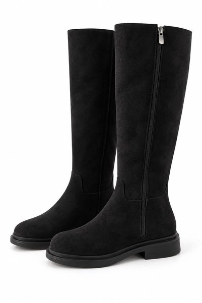 WeShaya Black Suede Boots with Zipper, Thick Sole, Round Toe