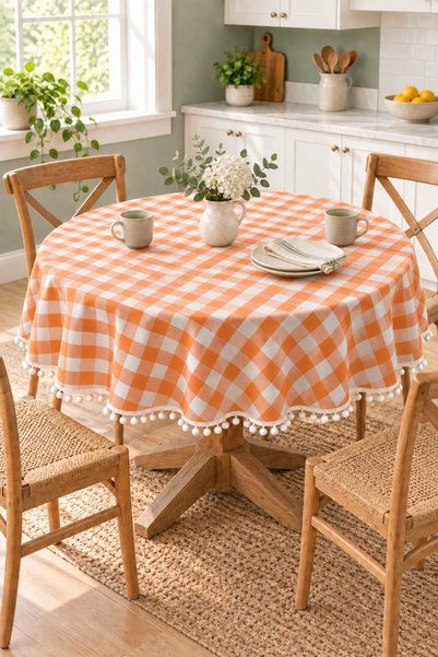 Soft Kare Round Tablecloth with Gingham Pattern and Pom-Pom Accents – Liquid-...