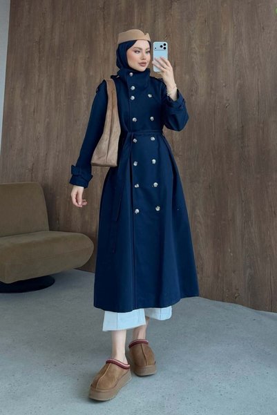Şule Giyim Gökşin Buttoned Trench Coat, Navy Blue