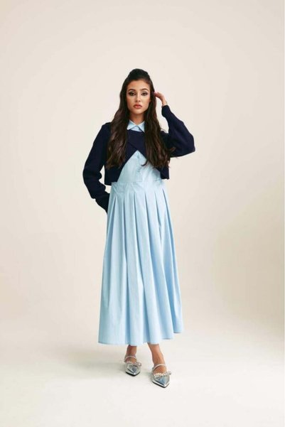 Tenda Shirt Maxi Dress with Knit Cardigan Light Blue & Navy