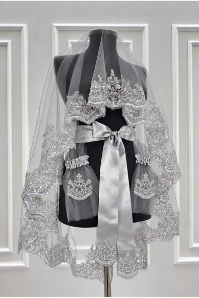 ZEYMERADE Gray Silver Henna Veil Set, Guipure Lace Face Veil, for Weddings, E...