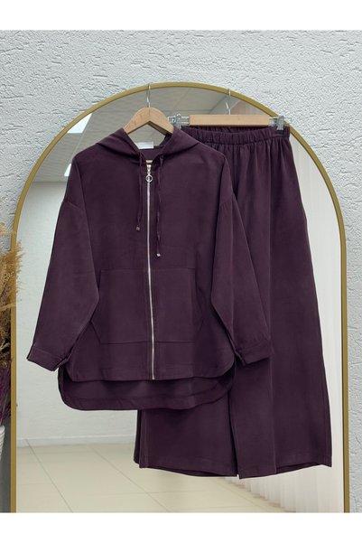 Holehola Şahsu Kangaroo Pocket Hooded Zipper Pants Set - GS2943 Plum