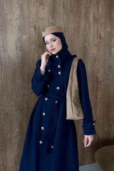 Şule Giyim Gökşin Buttoned Trench Coat, Navy Blue