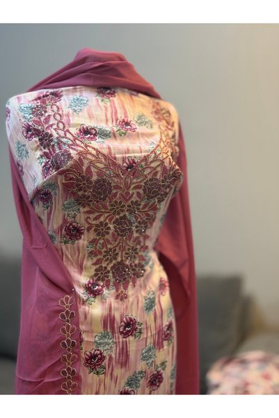 LAVEN Emirati Soft Silk Khimar Fabric with Heavy Embroidery on Chest and Slee...
