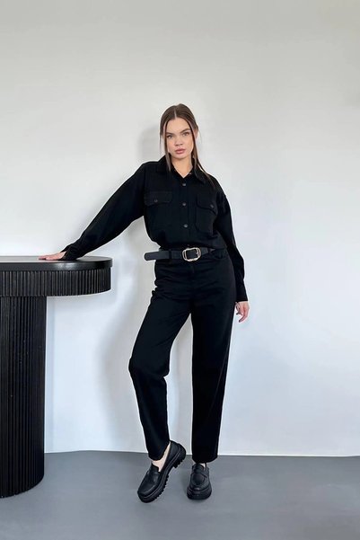 bysocafashion طقم نسائي مكون من قميص أسود قابل للغسل وبنطلون.