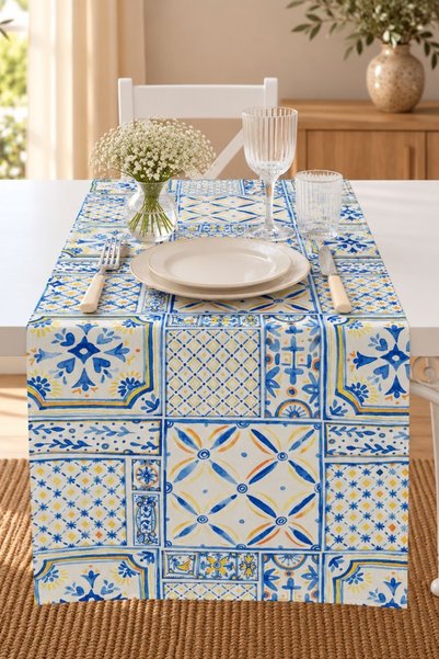 LUX VIE Blue and White Tile-Patterned Raschel-Knit Velvet Table Runner, Place...