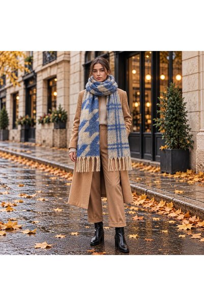 BIJUTERI FLR-5033 Blue and Beige Houndstooth and Plaid Double-Patterned Thick...