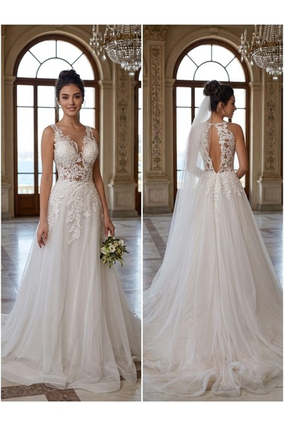 JABO WEDDİNG HOUSE GELİNLİK 38 BEDEN DANTEL ÜSTÜ TAŞ İŞLEMELİ KIRIK BEYAZ AST...