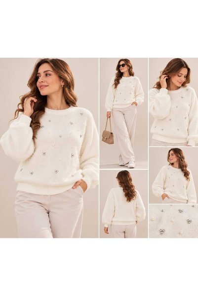 KMKkombin WOMEN'S PEARL-EMBELLISHED CYCLIST-BOAT NECK KNIT SWEATER