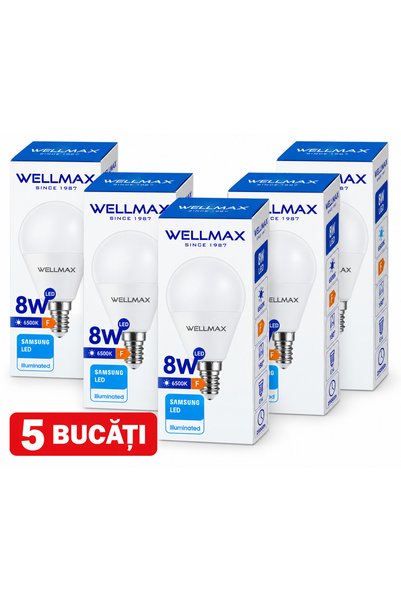 Wellmax Pachet 5 becuri sferice Wellmax, E14, 8w, 6500k