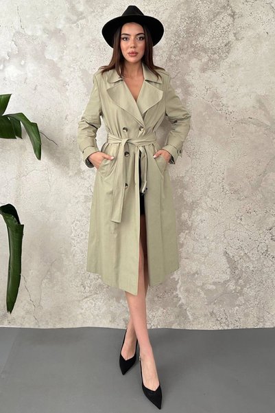 bysocafashion Women's Khaki Long-Belted Trench Coat