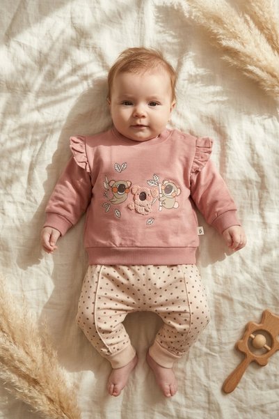 ANP MODA TASARIM Koala-Embroidered Sleeves and Lace Trim - 100% Cotton 2-Piec...