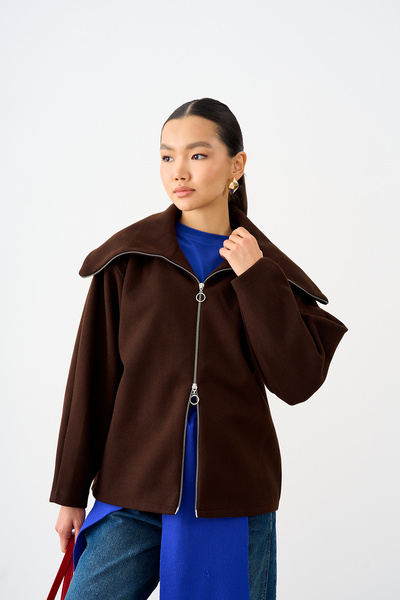 LOCCO Women's Double-Pocket Shirt Collar Jacket with Gold Zipper, Brown