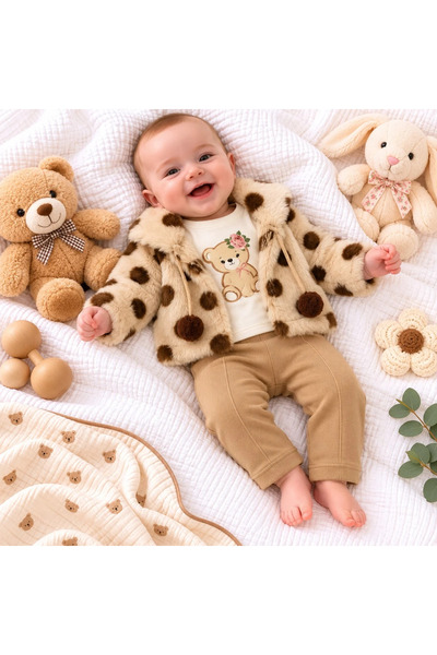 BEBELON 3-Piece Winter Baby Set with a Plush Ponpon-Trimmed Cardigan