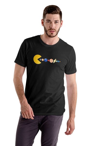 Texclusive Pac-Man T-Shirt with Space and Planets Print, Black, Unisex