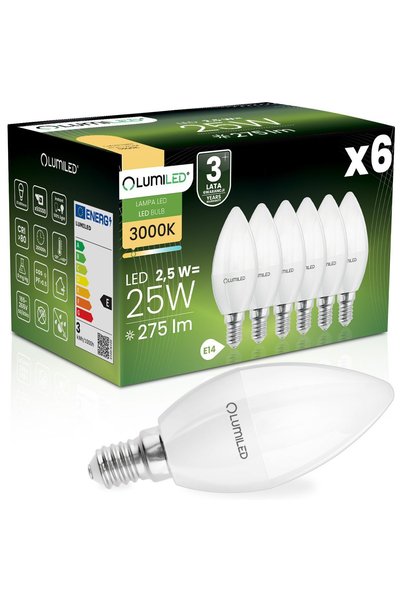 Lumiled 6x Bec LED E14 tip lumânare B35 2.5W = 25W 275lm 3000K Cald 180 °