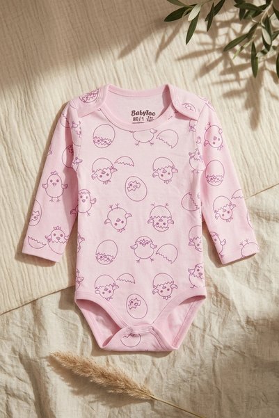 ANP MODA TASARIM 100% Natural Cotton Long-Sleeved Baby Bodysuit - Chick Patte...