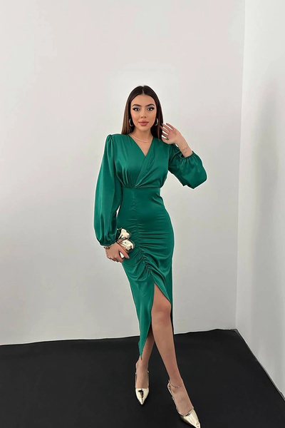 bysocafashion Women's Emerald Green Drapey V-Neck Satin Dress