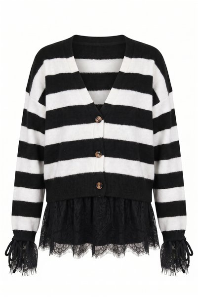For Angels Striped Lace Cardigan with Ruched Sleeves