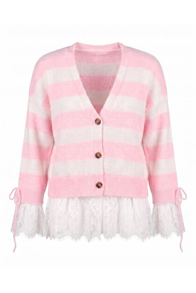 For Angels Striped Lace Cardigan with Ruched Sleeves