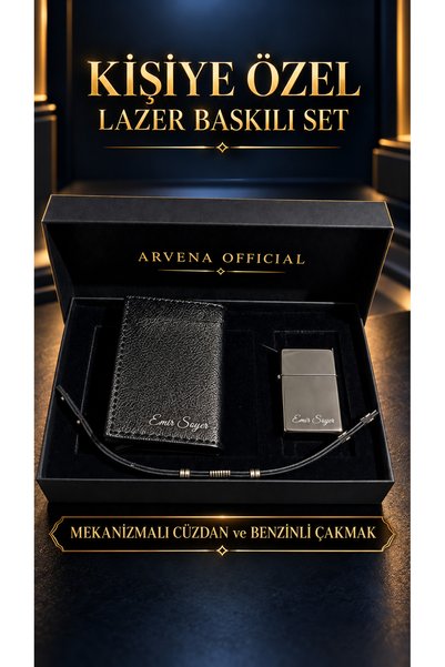 ROLE MODEL Kişiye Özel Lazer Baskılı Suni Deri Cüzdan Benzinli Metal Çakmak v...