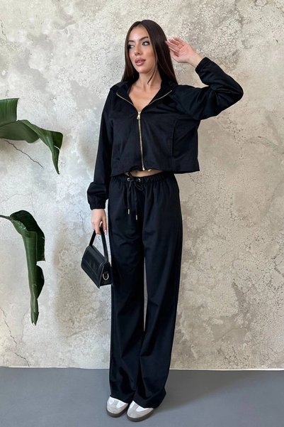 bysocafashion طقم نسائي أسود من قماش الليكرا الناعم المبطن بالمخمل.