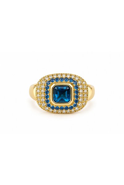 POSEİDONS JEWELLERY خاتم نسائي قابل للتعديل، بلون ذهبي، مزين بحجر أزرق وحجر ا...