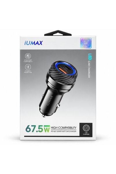iUMAX شاحن سيارة LED بمنفذين USB-C وUSB-A بقدرة 67.5 واط PD QC