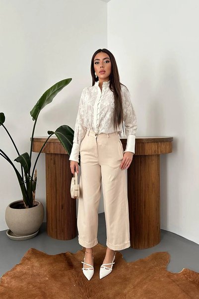 bysocafashion Women's Beige Cotton Gabardine Pants