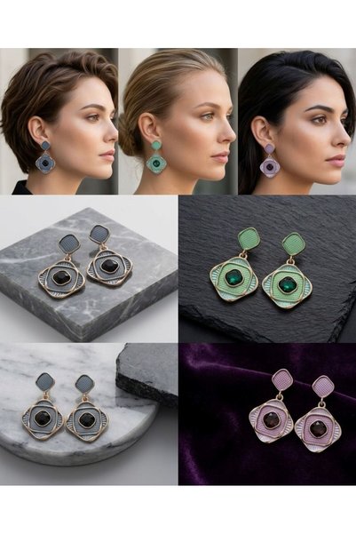HOŞGÖR ACCESSORIES Earrings with Enamel, Patterns, and Stones