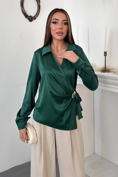 bysocafashion Women's Emerald Green Drapey Satin Blouse with Button Details