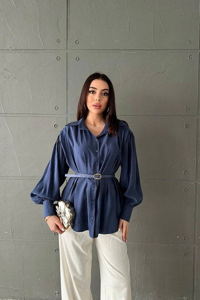 bysocafashion قميص نسائي من قماش المودال، باللون الكحلي، مزين بتفاصيل حزام وأ...