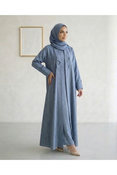 Muchmy Light Blue Modest 3 Pieces Abaya Textured Fabric With Inner And Hijab