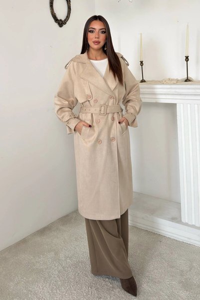 bysocafashion معطف طويل من جلد الغزال، بأكمام راجلان، وبطانة من قماش الليكرا،...