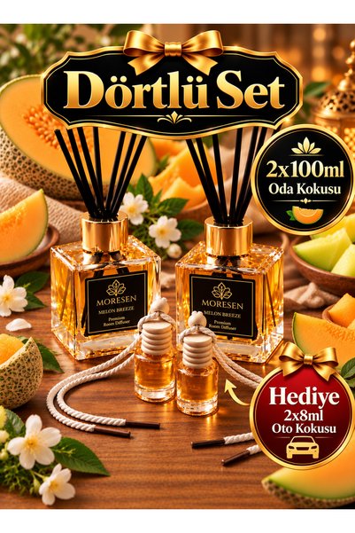 MORESEN 4'lü Set | 2 Adet Melon Breeze Bambu Çubuklu Oda Kokusu 100 ml Kare C...