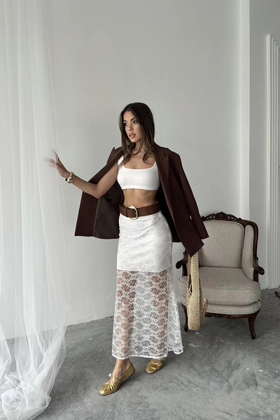 bysocafashion Women's White Lace Detailed Lined Skirt